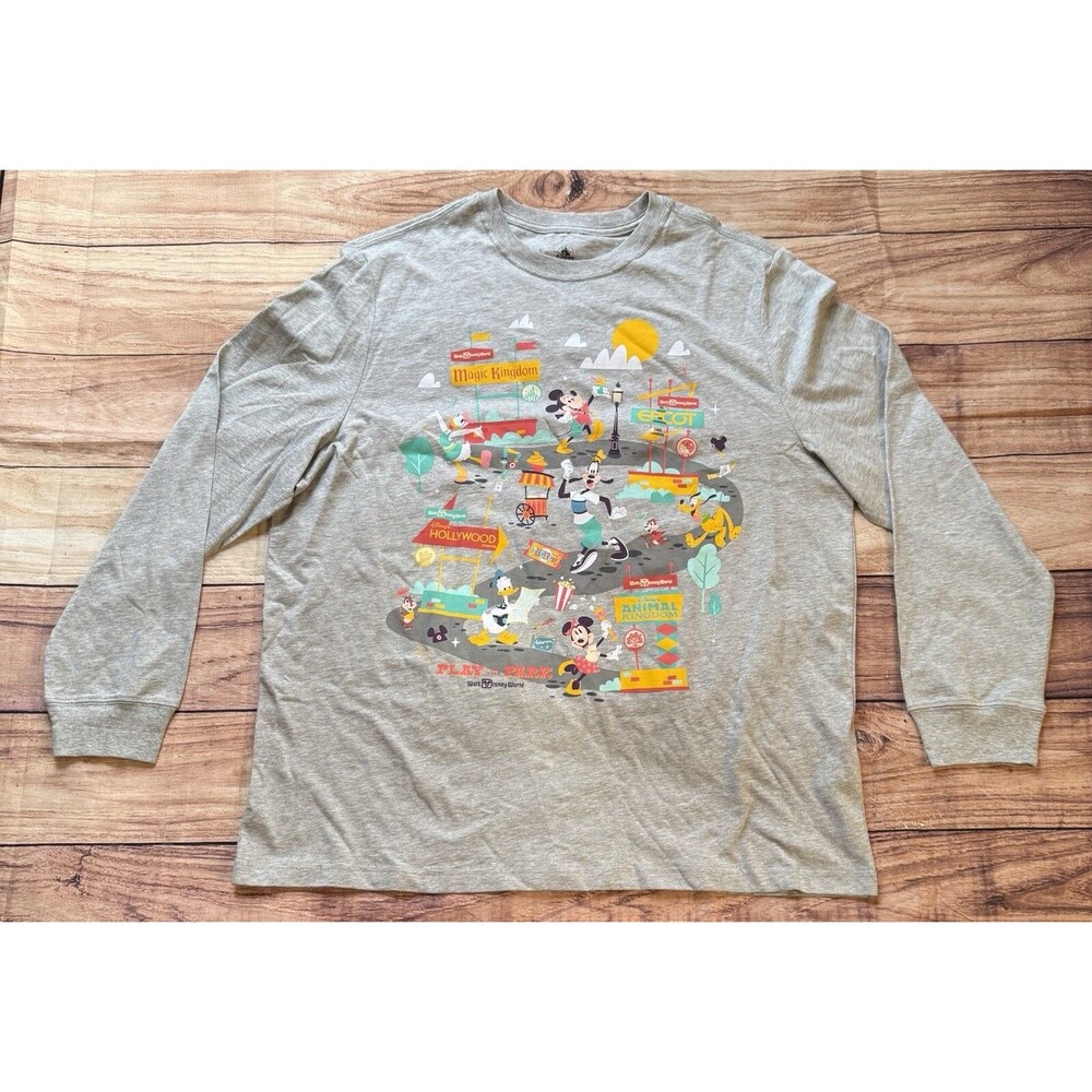 Disney Shirt Adult XL Gray Play In The Park Mickey And Friends Long Sleeve NWT